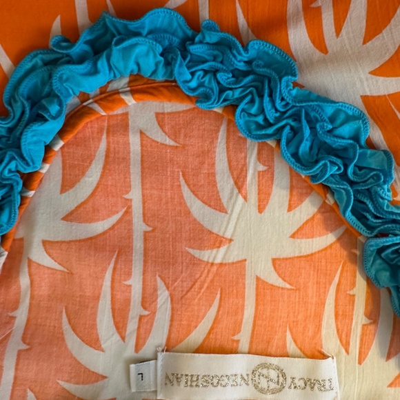 Tracy Negoshian, orange and white palm tree pattern dress with teal ruffle, sz L - Picture 5 of 5